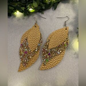 Layered Gold Faux Leather Glitter Leaf‎ Earrings Lightweight Dangle